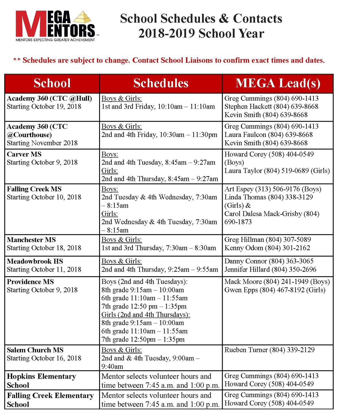 MEGA School Schedules and Contacts 2018-2019 for newsletter Nov 2018